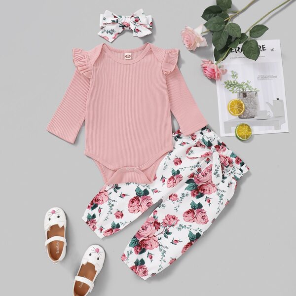 

Baby Ruffle Trim 1 Bodysuit & Floral 1 Pants & 1 Headband, Multicolor