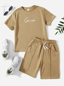 SHEIN Bộ hai mảnh Trai Dây kéo Túi Lá thư Giải trí - Màu Khaki - Xem 1