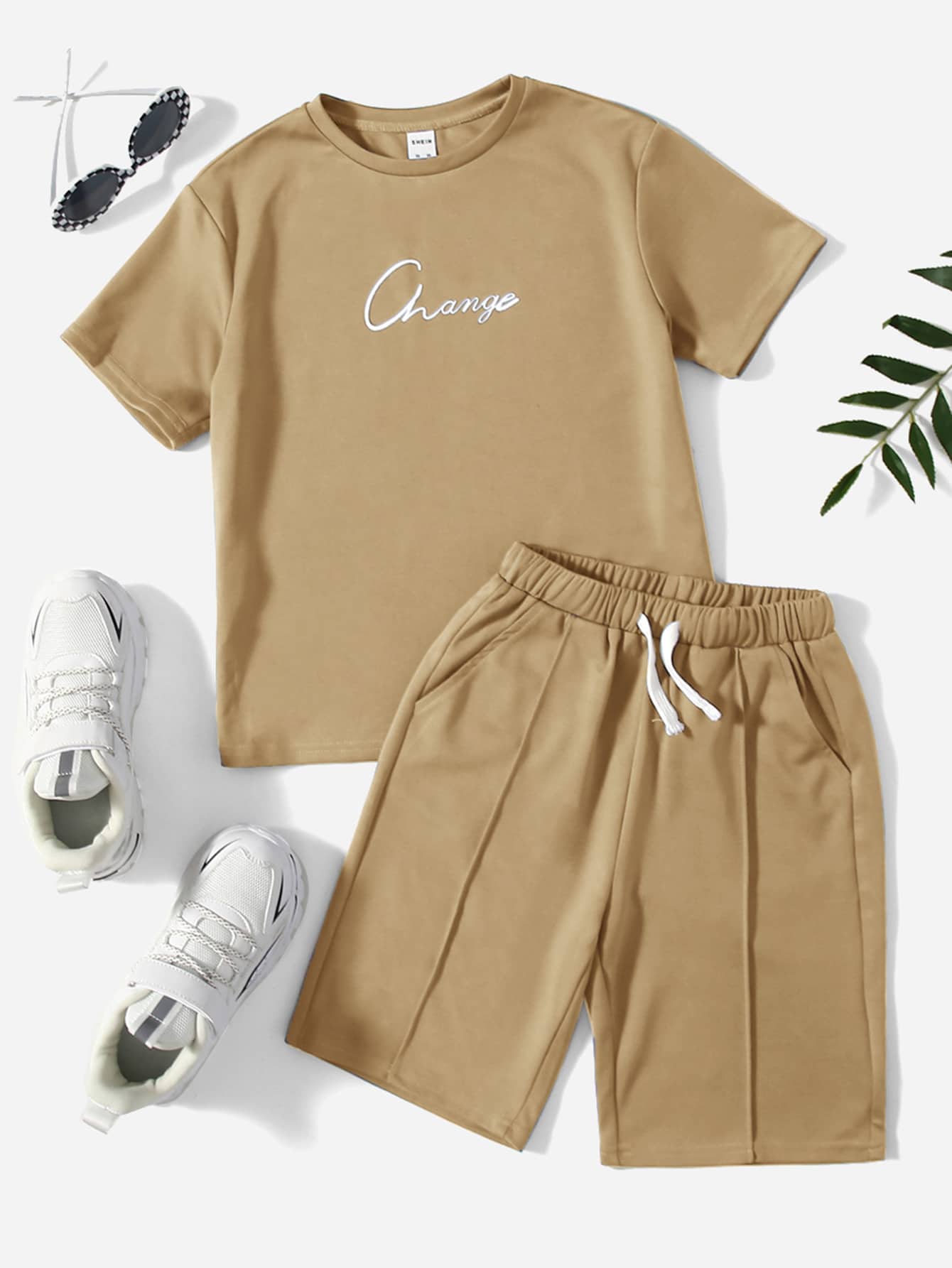 SHEIN Bộ hai mảnh Trai Dây kéo Túi Lá thư Giải trí - Màu Khaki - Xem 1