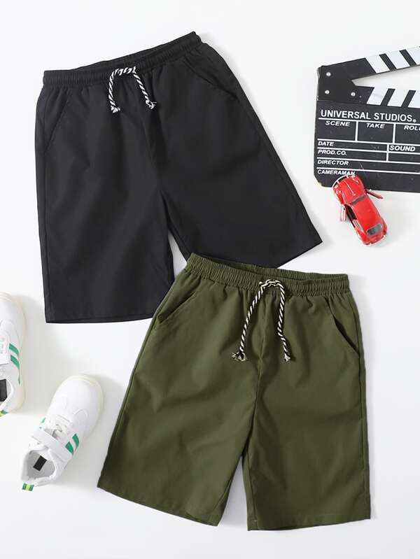 SHEIN 2 Piece Set Tween Boy Slant Pocket Elastic Waist Casual Shorts, Summer