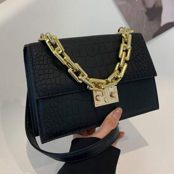 

Minimalist Croc Embossed Chain Satchel Bag, Black