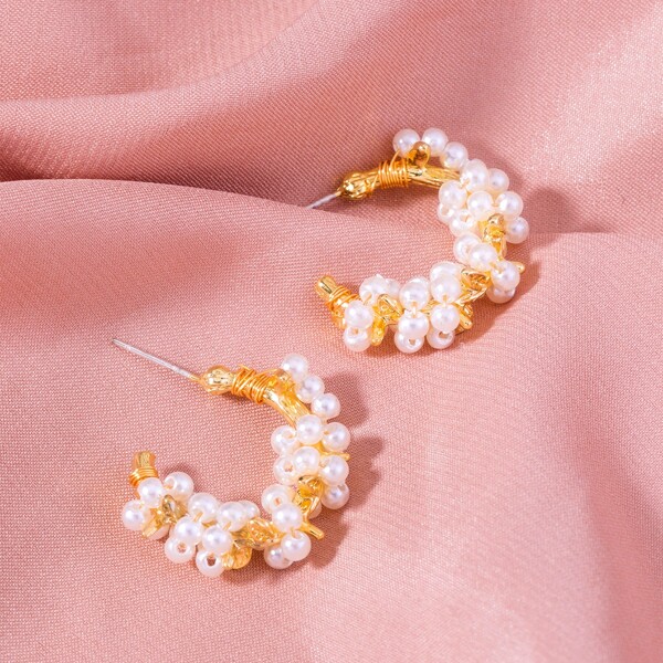 

Faux Pearl Decor Hoop Earrings, Gold
