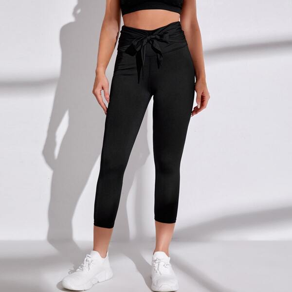 

Tie Front Solid Capris Sports Leggings, Black