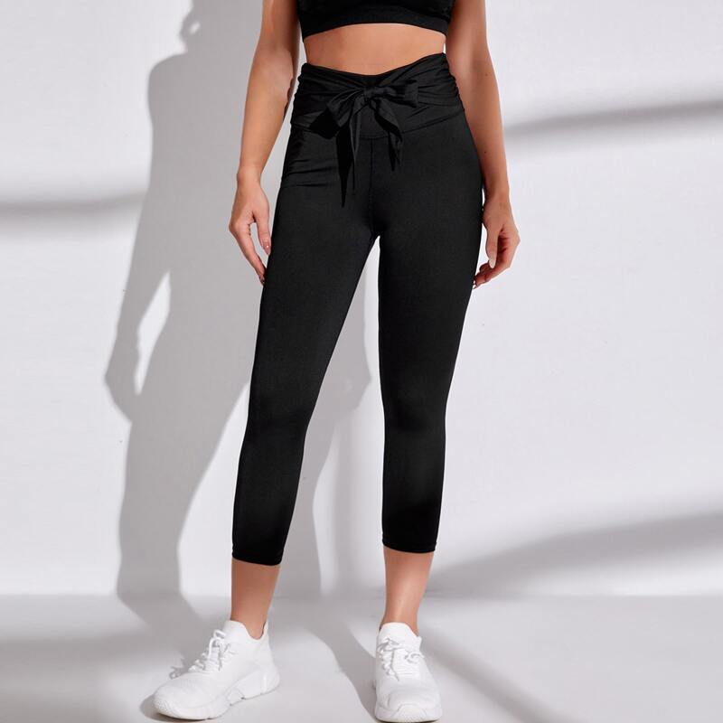 

Tie Front Solid Capris Sports Leggings, Black