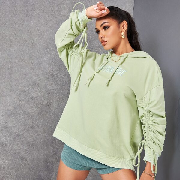 

Letter Embroidery Drawstring Hoodie, Mint green