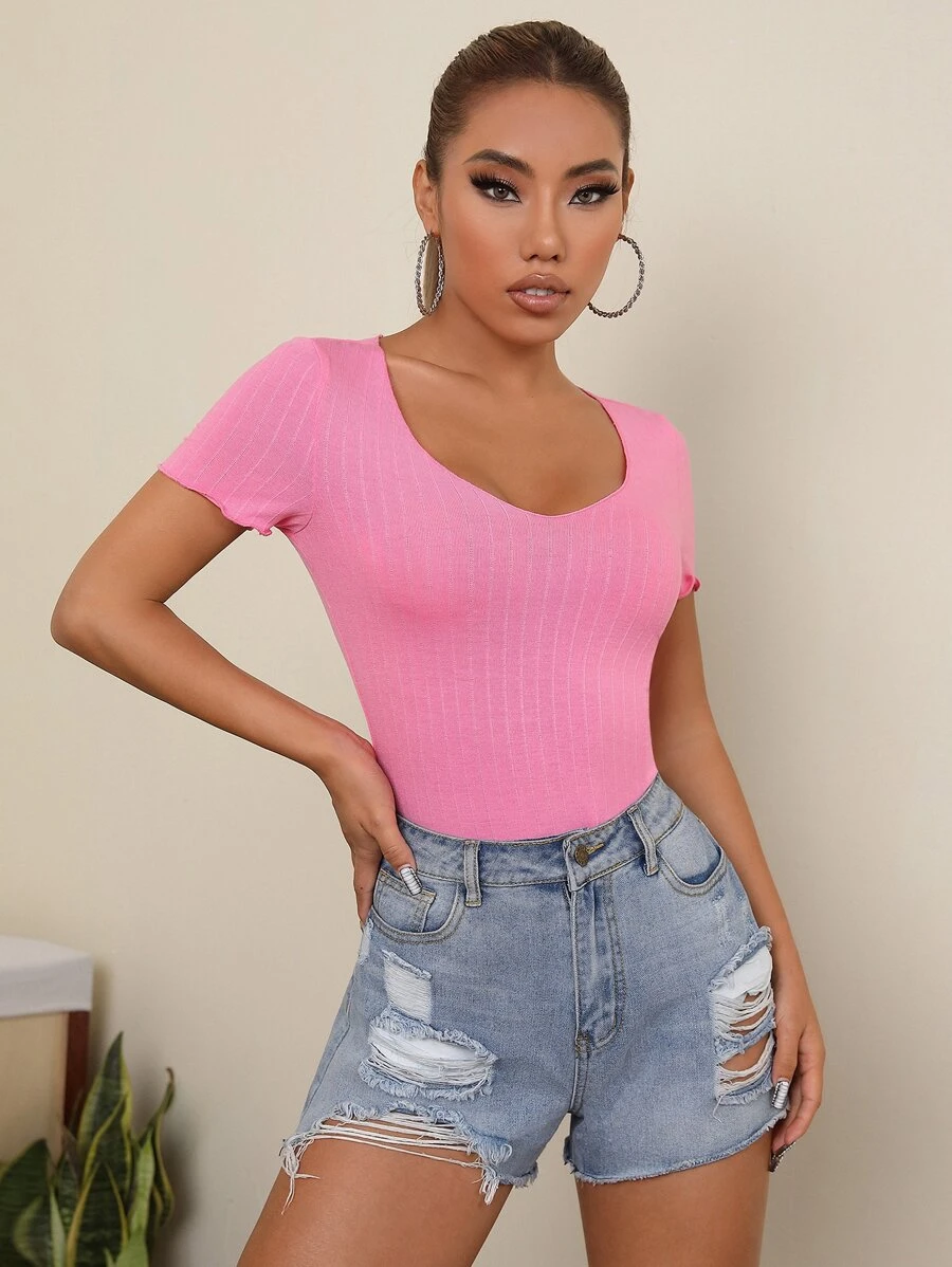 SHEIN EZwear Camiseta ribete en forma de lechuga tejida de canalé unicolor - Rosa - Ver 1