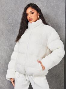 SHEIN Drawstring Hem Zip Up Teddy Jacket - White - View 1