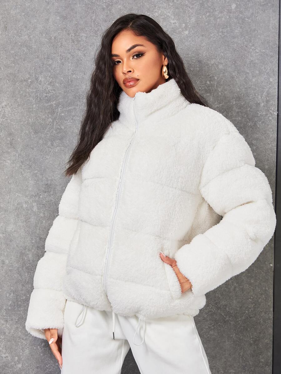 SHEIN Drawstring Hem Zip Up Teddy Jacket - White - View 1
