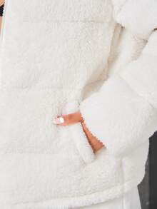 SHEIN Drawstring Hem Zip Up Teddy Jacket - White - View 3