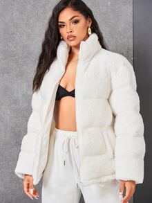 SHEIN Drawstring Hem Zip Up Teddy Jacket - White - View 4