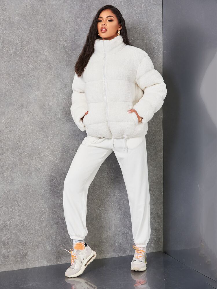 SHEIN Drawstring Hem Zip Up Teddy Jacket - White - View 5