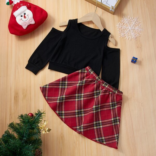 

Toddler Girls Cold Shoulder Pullover & Tartan Skirt, Multicolor