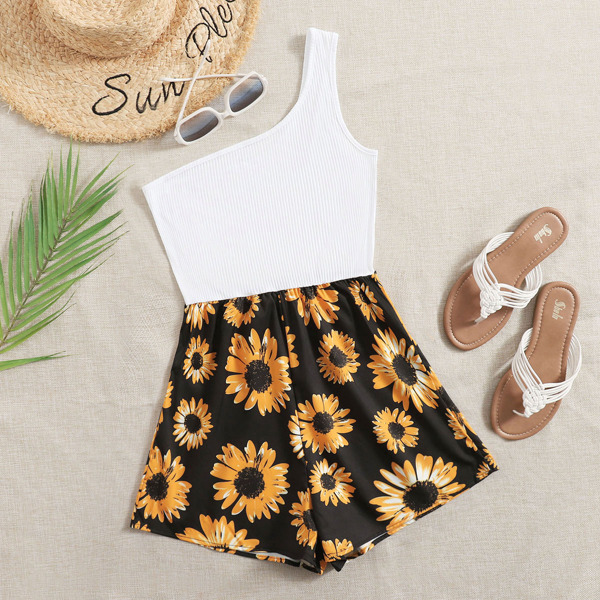 

One Shoulder Sunflower Print Romper, Multicolor