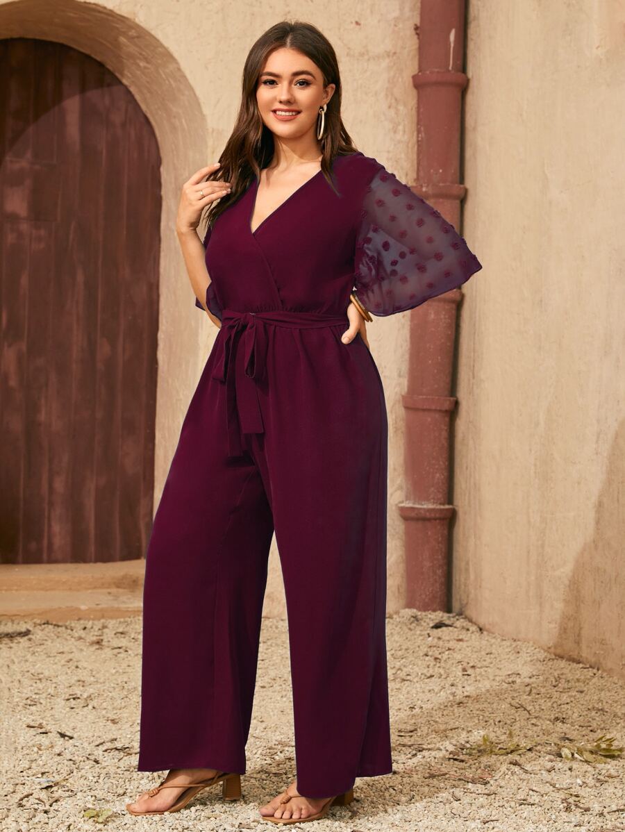 SHEIN Clasi Plus Swiss Dot Butterfly Sleeve Wide Leg Belted Jumpsuit - Burgundy - View 1