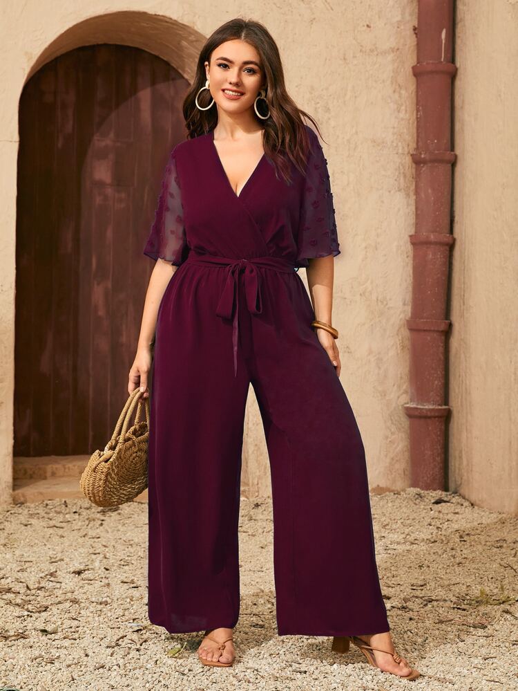 Plus Swiss Dot Butterfly Sleeve Wide Leg Belted Jumpsuit