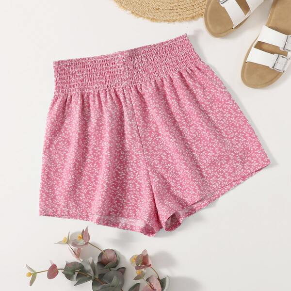 

Allover Print Shirred Waist Shorts, Pink
