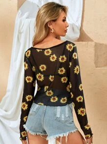 Sunflower Print Sheer Mesh Crop Top - Black - View 2