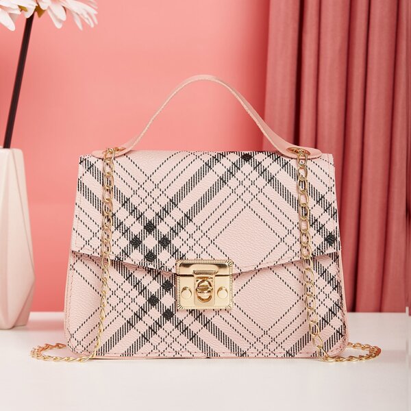 

Plaid Pattern Twist Lock Chain Satchel Bag, Pink