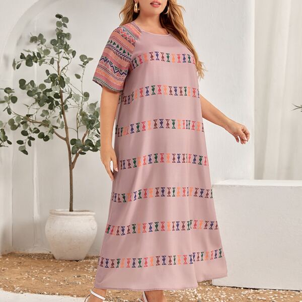 

Plus Geo Print Raglan Sleeve Tee Dress, Dusty pink