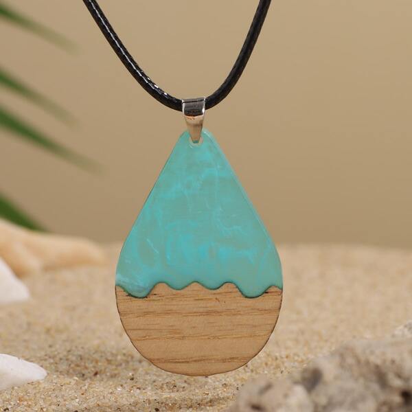 

Wood & Resin Wood Water-drop Charm Necklace, Blue