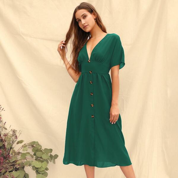 

Button Front High Waist A-line Dress, Dark green
