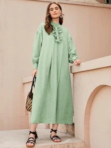 SHEIN 裝飾花邊領燈籠袖條紋連衣裙 - 薄荷綠 - 查看 3