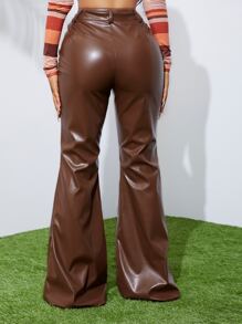 SHEIN SXY 高腰PU皮革喇叭褲 - 鏽棕色 - 查看 2