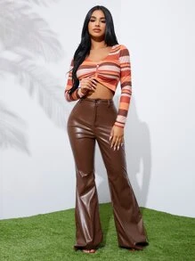 SHEIN SXY 高腰PU皮革喇叭褲 - 鏽棕色 - 查看 3