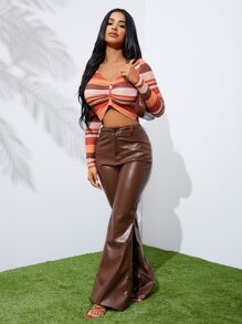 SHEIN SXY 高腰PU皮革喇叭褲 - 鏽棕色 - 查看 4