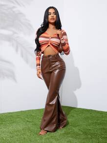 SHEIN SXY 高腰PU皮革喇叭褲 - 鏽棕色 - 查看 5