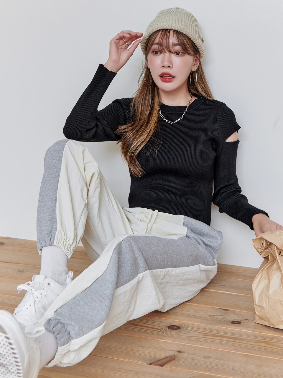 Cut Out Sleeve Solid Sweater