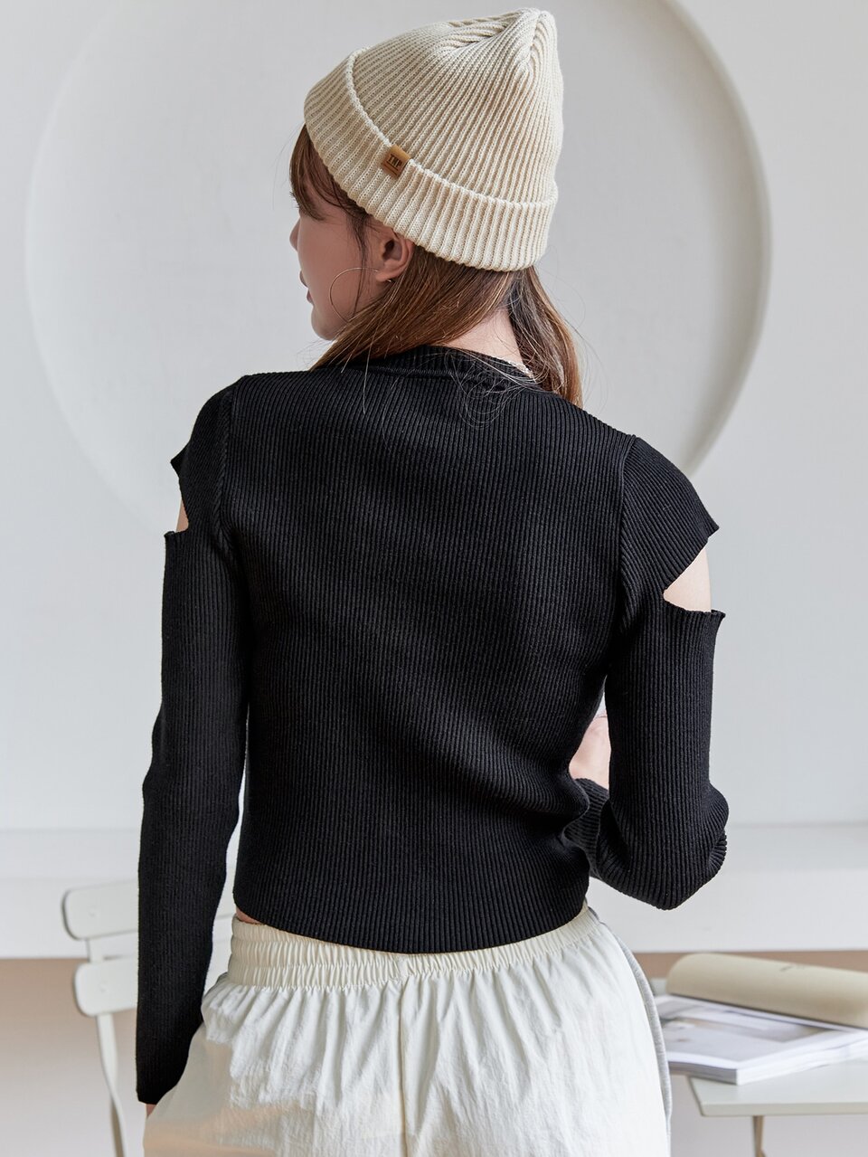 Cut Out Sleeve Solid Sweater