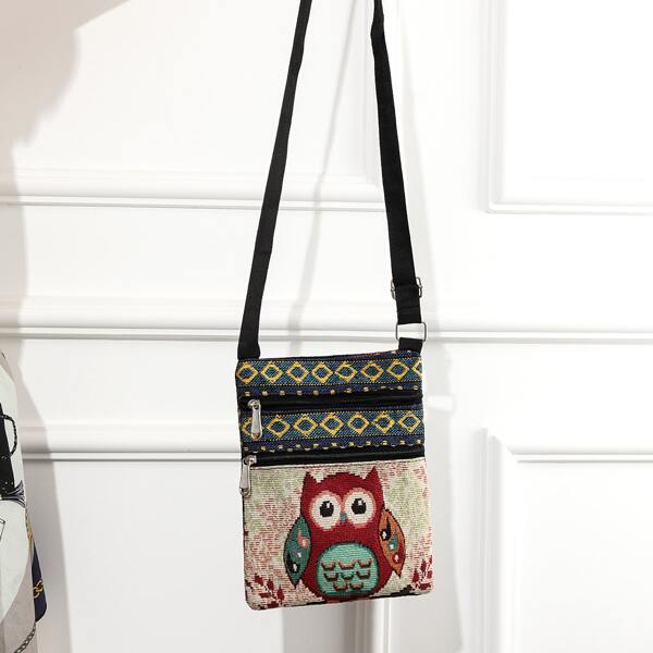 

Cartoon Owl Graphic Crossbody Bag, Multicolor