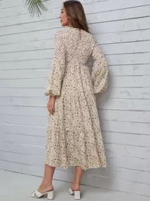 SHEIN 孕婦碎花燈籠袖打攬連衣裙 - 杏色 - 查看 2