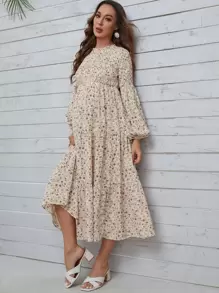 SHEIN 孕婦碎花燈籠袖打攬連衣裙 - 杏色 - 查看 3