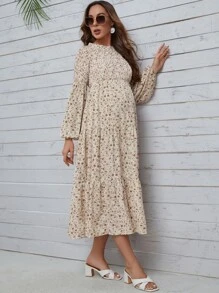 SHEIN 孕婦碎花燈籠袖打攬連衣裙 - 杏色 - 查看 4