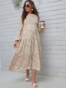 SHEIN 孕婦碎花燈籠袖打攬連衣裙 - 杏色 - 查看 5