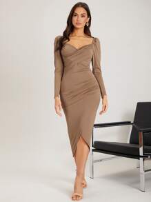 SHEIN BAE 素色圍裹緊身連衣裙 - 摩卡棕 - 查看 4