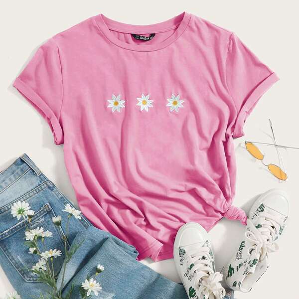 

Floral Embroidery Tee, Pink