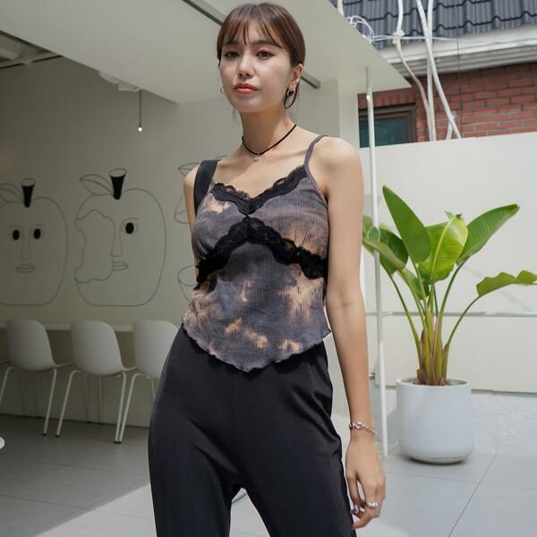 

Tie Dye Lace Panel Cami Top, Dark grey