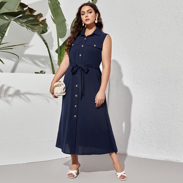 

Plus Flap Detail Belted Shirt Dress, Navy blue