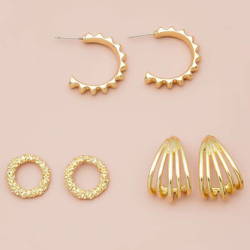 

3pairs Metal Hoop Earrings, Gold