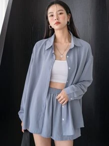 DAZY 落肩衬衫搭配阔腿短裤，女士两件套，秋季女士家居服套装 - 霧霾藍 - 查看 3