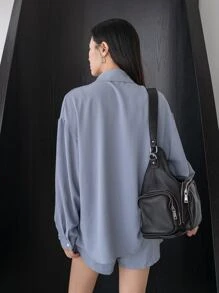 DAZY 落肩衬衫搭配阔腿短裤，女士两件套，秋季女士家居服套装 - 霧霾藍 - 查看 2