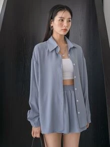 DAZY 落肩衬衫搭配阔腿短裤，女士两件套，秋季女士家居服套装 - 霧霾藍 - 查看 4