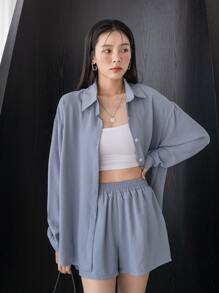 DAZY 落肩衬衫搭配阔腿短裤，女士两件套，秋季女士家居服套装 - 霧霾藍 - 查看 5