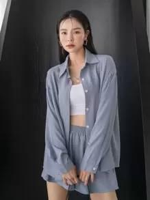 DAZY 落肩衬衫搭配阔腿短裤，女士两件套，秋季女士家居服套装 - 霧霾藍 - 查看 6