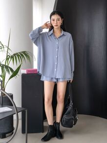 DAZY 落肩衬衫搭配阔腿短裤，女士两件套，秋季女士家居服套装 - 霧霾藍 - 查看 7