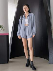 DAZY 落肩衬衫搭配阔腿短裤，女士两件套，秋季女士家居服套装 - 霧霾藍 - 查看 8