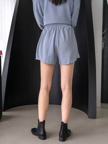 DAZY 落肩衬衫搭配阔腿短裤，女士两件套，秋季女士家居服套装 - 霧霾藍 - 查看 9